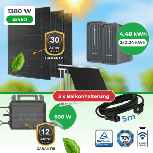 Balkonkraftwerk 1380W Komplettset mit 4,48 kWh Marstek Speicher, Marstek M2-800 Wechselrichter & TÜV-Balkonhalterungen