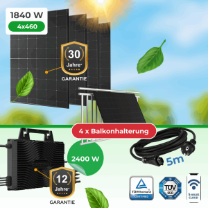 Balkonkraftwerk 1840W Komplettset mit Sossen 2400W Wechselrichter (WiFi, Bluetooth, drosselbar 800W–2400W) & TÜV-Balkonhalterungen