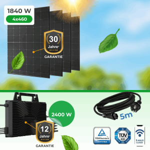 Balkonkraftwerk 1840W Komplettset mit Sossen 2400W Wechselrichter (WiFi, Bluetooth, drosselbar 800W–2400W) & 5m Schuko-Kabel (ohne Halterung)