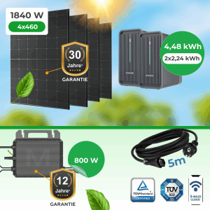 Balkonkraftwerk 1840W Komplettset mit 4,48 kWh Marstek Speicher & Marstek M2-800 Wechselrichter (ohne Halterung)