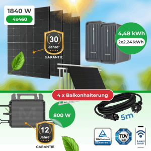 Balkonkraftwerk 1840W Komplettset mit 4,48 kWh Marstek Speicher, Marstek M2-800 Wechselrichter & Balkonhalterungen