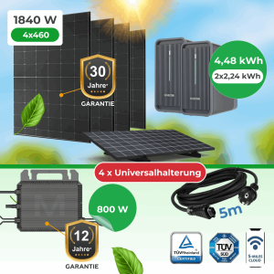 Balkonkraftwerk 1840W Komplettset mit 4,48 kWh Marstek Speicher, Marstek M2-800 Wechselrichter & Universalhalterungen