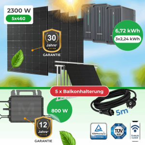 Balkonkraftwerk 2300W Komplettset mit 6,72 kWh Marstek Speicher, Marstek M2-800 Wechselrichter & Balkonhalterungen
