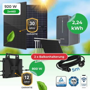 Balkonkraftwerk 920W Komplettset mit Marstek B2500D 2,24kWh Speicher, Sossen-800 Wechselrichter (WiFi & Bluetooth) & TÜV-Balkonhalterungen