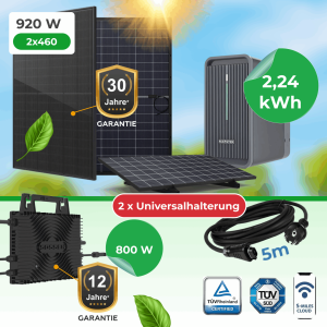 Balkonkraftwerk 920W Komplettset mit Marstek B2500D 2,24kWh Speicher, Sossen-800 Wechselrichter (WiFi & Bluetooth) & TÜV-Universalhalterungen