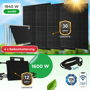 Balkonkraftwerk 1840W Komplettset mit Hoymiles HMS-1600-4Wb HiFlow Pro Wechselrichter & TÜV-Balkonhalterungen