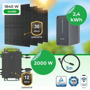 Balkonkraftwerk 1840W Komplettset mit 2,24 kWh Marstek B2500-D Speicher, Paket.ag HSEU-2000D Wechselrichter & 4x 460W N-TopCon Modul