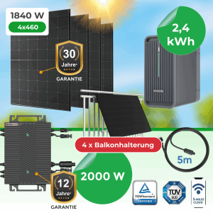 Balkonkraftwerk 1840W Komplettset mit 2,24 kWh Marstek B2500-D Speicher, 2000W Wechselrichter & TÜV-Balkonhalterungen