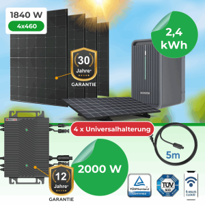 Balkonkraftwerk 1840W Komplettset mit 2,24 kWh Marstek B2500-D Speicher, 2000W Wechselrichter & Universalhalterungen