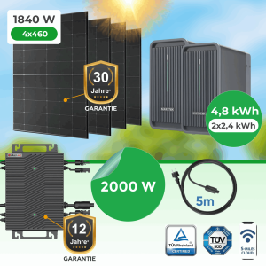 Balkonkraftwerk 1840W Komplettset mit 4,48 kWh Speicher (2x Marstek B2500-D), Paket.ag HSEU-2000D Wechselrichter & 4x 460W N-TopCon Modul