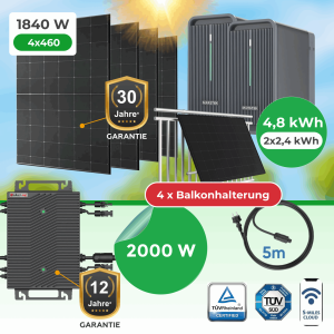 Balkonkraftwerk 1840W Komplettset mit 4,48 kWh Marstek Speicher, 2000W Wechselrichter & Balkonhalterungen