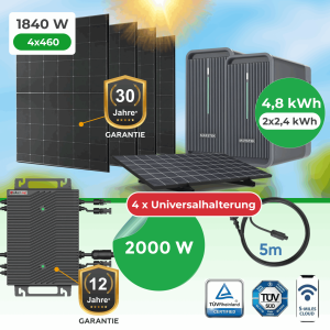 Balkonkraftwerk 1840W Komplettset mit 4,48 kWh Marstek B2500-D Speicher, 2000W Wechselrichter & Universalhalterungen