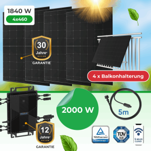 Balkonkraftwerk 1840W Komplettset mit Paket.ag HSEU-2000D Wechselrichter & TÜV-Balkonhalterungen