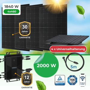Balkonkraftwerk 1840W Komplettset mit Paket.ag HSEU-2000D Wechselrichter & Universalhalterungen